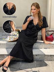 Easura Plus Size Fitted Mid-Length Dress,V-Neck Black Polka Dot Lace Accent,Urban Chic Style,Elegant Black And White Summer Date Night Wedding Party Gown - Multicolor - View 4