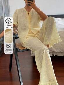DAZY Women's Hollow Embroidery Front Lace-Up Short Sleeve Top And Pants Pajama Set - Yellow - View 5