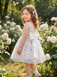 SHEIN Glamorique Kids 女童無袖公主正式禮服，精緻刺繡白色印花，背後可拆卸大蝴蝶結，7歲生日新娘婚禮禮服 - 彩色 - 查看 4