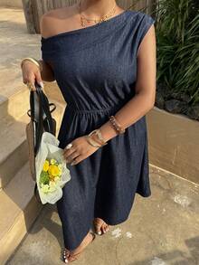 Dazy Plus Dark Wash Blue Vacation Style Off-Shoulder Cinched Waist Maxi Denim Dress, Casual For Plus Size Women - Dark Wash - View 8
