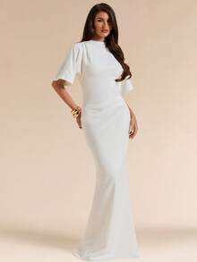 SHEIN BAE Spring/Summer Solid White Short Sleeve Fitted Pleated Elegant Dress For Women - White - View 6