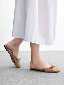 CUCCOO BIZCHIC 女款法式平底穆勒拖鞋，夏季百搭新款蝴蝶結編織包頭涼鞋，春季鞋款 - 深杏 - 查看 3