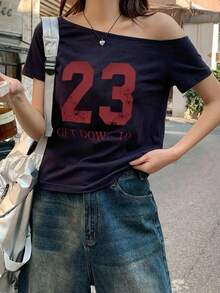 DAZY 女款對比色字母貼帶裝飾修身休閒街頭風運動圖案T恤 夏季 - 藏蓝色 - 查看 2