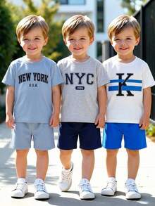 6pcs/Set Baby Boys Casual Loose Letter Print Round Neck T-Shirt And Shorts Set,Suitable For Commuting,School,Daily Sports,Spring/Summer,Vacation - Multicolor - View 5