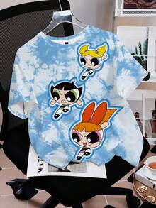 THE POWERPUFF GIRLS X SHEIN T-shirt d'été décontracté grande taille avec imprimé tie-dye et dessin animé - Blanc - Voir 3