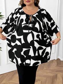 SHEIN CURVE+ CURVE PLUS /情人節/大尺碼女款領結領休閒百搭日常通勤中袖襯衫 - 黑與白 - 查看 3