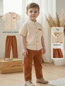 SHEIN Vintaside Kids 两件套男童短袖提花针织衬衫（带口袋）+ 松紧腰阔腿裤休闲套装，棕色和卡其色，适合春夏日常穿着 - 卡其色 - 查看 7