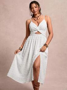 SHEIN VCAY Plus Size Women Textured Ruched Cutout Slit Front Cami Dress For Vacation - White - View 5