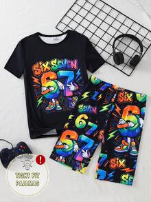 Teen Boys Rainbow Gradient American Graffiti Style SIX SEVEN (67) Number Print Cool Graphic Design Short Sleeve Shorts Snug Fit Pajama Loungewear Set - Black - View 7
