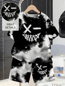 SHEIN 2pcs/Set Teenage Boys Casual Simplistic Tie Dye Retro Print Short Sleeve Crew Neck Outfit, Summer - Multicolor - View 3