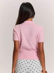SHEIN BAE Solid Color Lapel Waist-Cinching Slim Fit Short Sleeve Women's Cardigan Sweater - Pink - View 8
