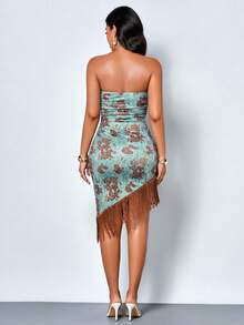 SOLERSUN Ropa de mujer primavera/verano: estilo elegante y relajado, estampado floral, tela de punto elástico, sin mangas, sin tirantes, ajustado, fruncido, dobladillo asimétrico, decoración de borlas, vestido midi (floral aleatorio) - Verde claro - Ver 3