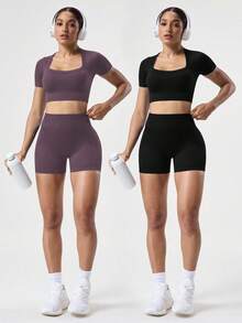 Velisys Velisys 4pcs/Set Regular Fit Moisture-Wicking Ribbed Square Neck Basic Multi-Color Seamless Sports Yoga Fitness Set - Multicolor - View 2