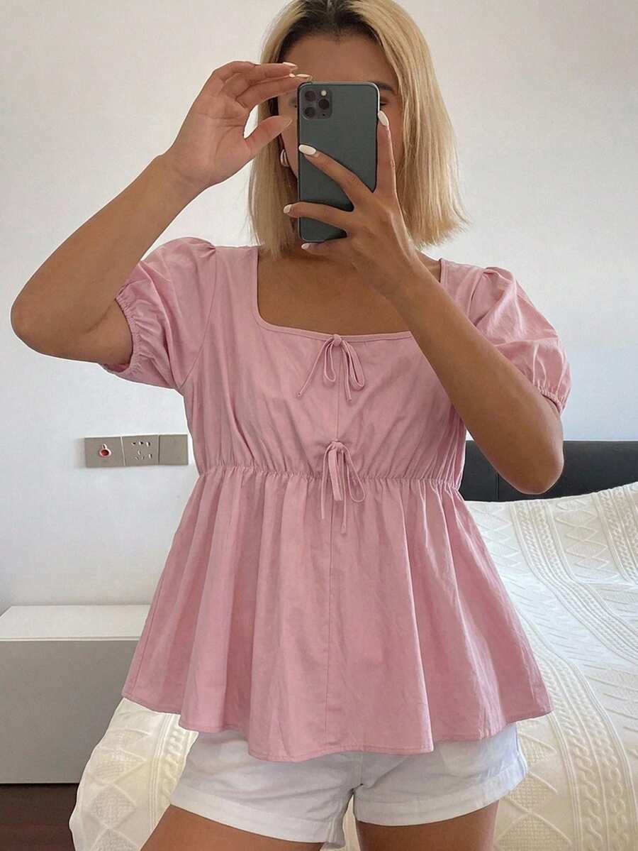 DAZY 女款方領蝴蝶結寬鬆版型夏季襯衫 - 粉色 - 查看 1