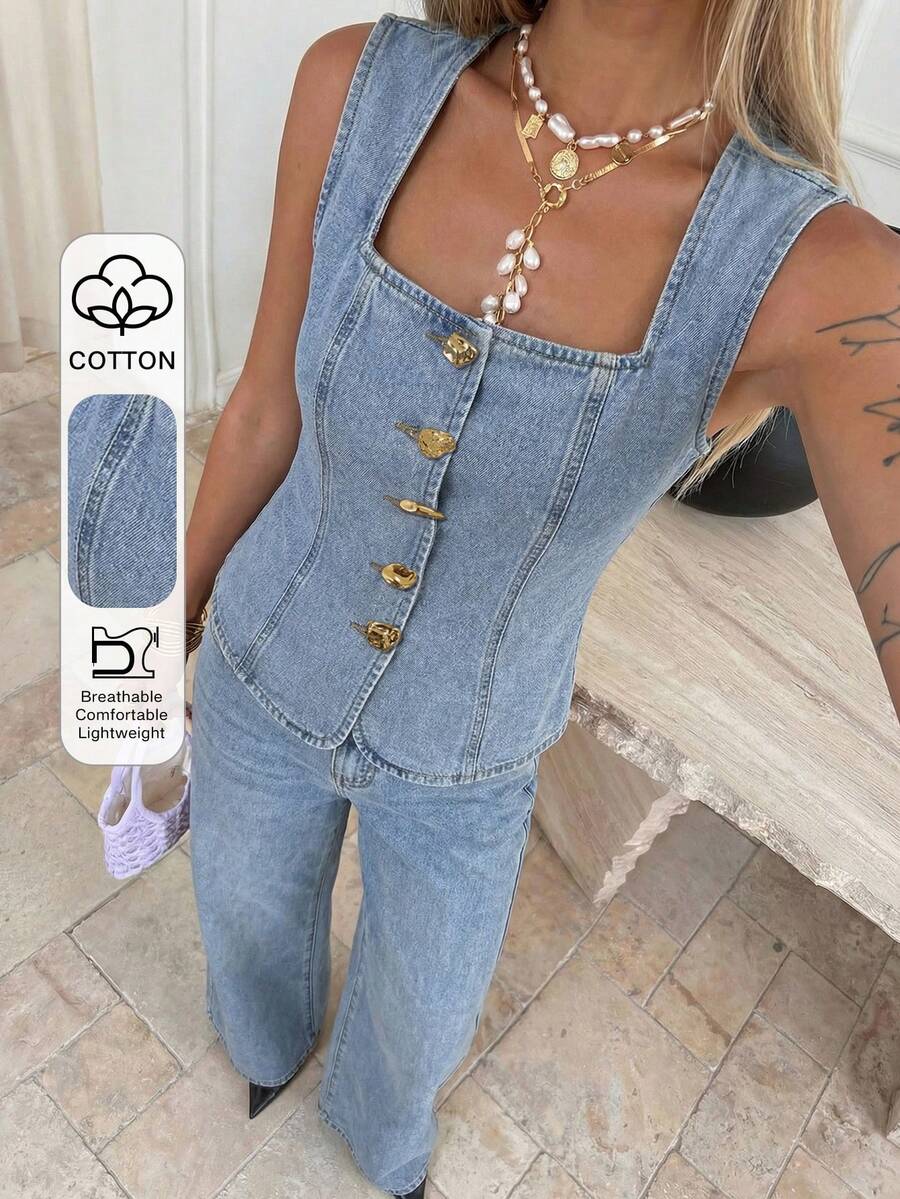 DAZY Western Cowgirl Vest Decorated Button Loose Wide Leg Pants Elegant Spring Autumn Women Denim Suit Summer - Light Wash - View 1