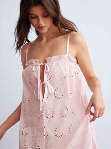 Elorette Pink And White Frill Trim Embroidered Lace-Up Flounce Bohemian Cute Romantic Pastoral Women's Nightgown Wedding Summer - Pink - View 5