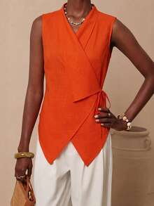 Vesra Women's Summer Lace-Up V-Neck Asymmetrical Shirt - Orange - View 3