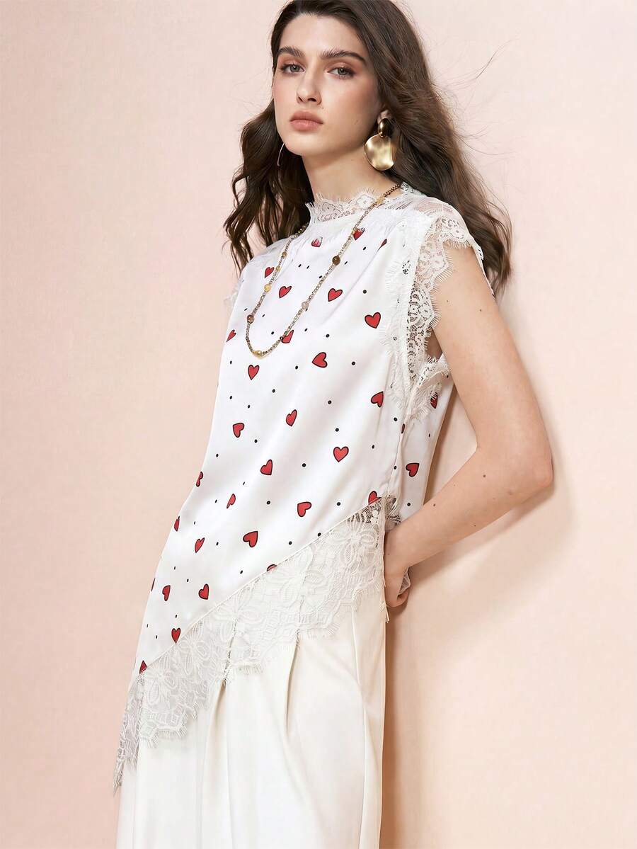 Revavyn 女款白色與紅色襯衫，府綢面料，浪漫優雅純色蕾絲拼接不對稱下擺襯衫，約會早午餐日茶會夏季