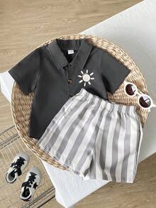 SHEIN Playful Pals Set Baju Bayi Laki-laki: Kardigan Lengan Pendek dengan Saku Tempel dan Celana Pendek - Grey - View 1