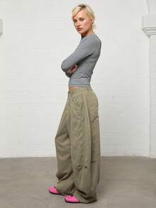 COUREZ Baggy Balloon Trousers With Seaming Detail /Y2K Wide Leg Pant Woman Fall Outfit For Women Fall Clothes Pants For Women Wide Leg Pants Woman - Army Green - View 6