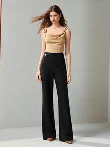 MOTF PREMIUM METAL DETAIL SIDE ZIPPER FLARE PANTS - Black - View 3