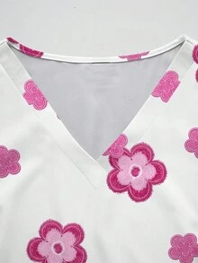 PopScrub 2pcs/Set Setelan Seragam Kasual Motif Bunga Merah Mawar Denim Imitasi, Atasan Kerja Wanita Model V-Neck Lengan Pendek dengan Saku dan Belahan, Musim Semi/Panas - MultiWarna - View 3