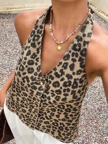 Livesso Women's Leopard Print All-Over Print Spaghetti Strap Backless Cropped Tank Top,  Music Festival, Casual , Vacation, Beach, Slim Fit Denim Top Summer - Brown - View 8