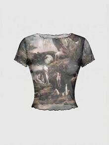 ROMWE Grunge Punk Blusa de mujer con estampado de figura vintage de estilo cortesano - Negro - Ver 1
