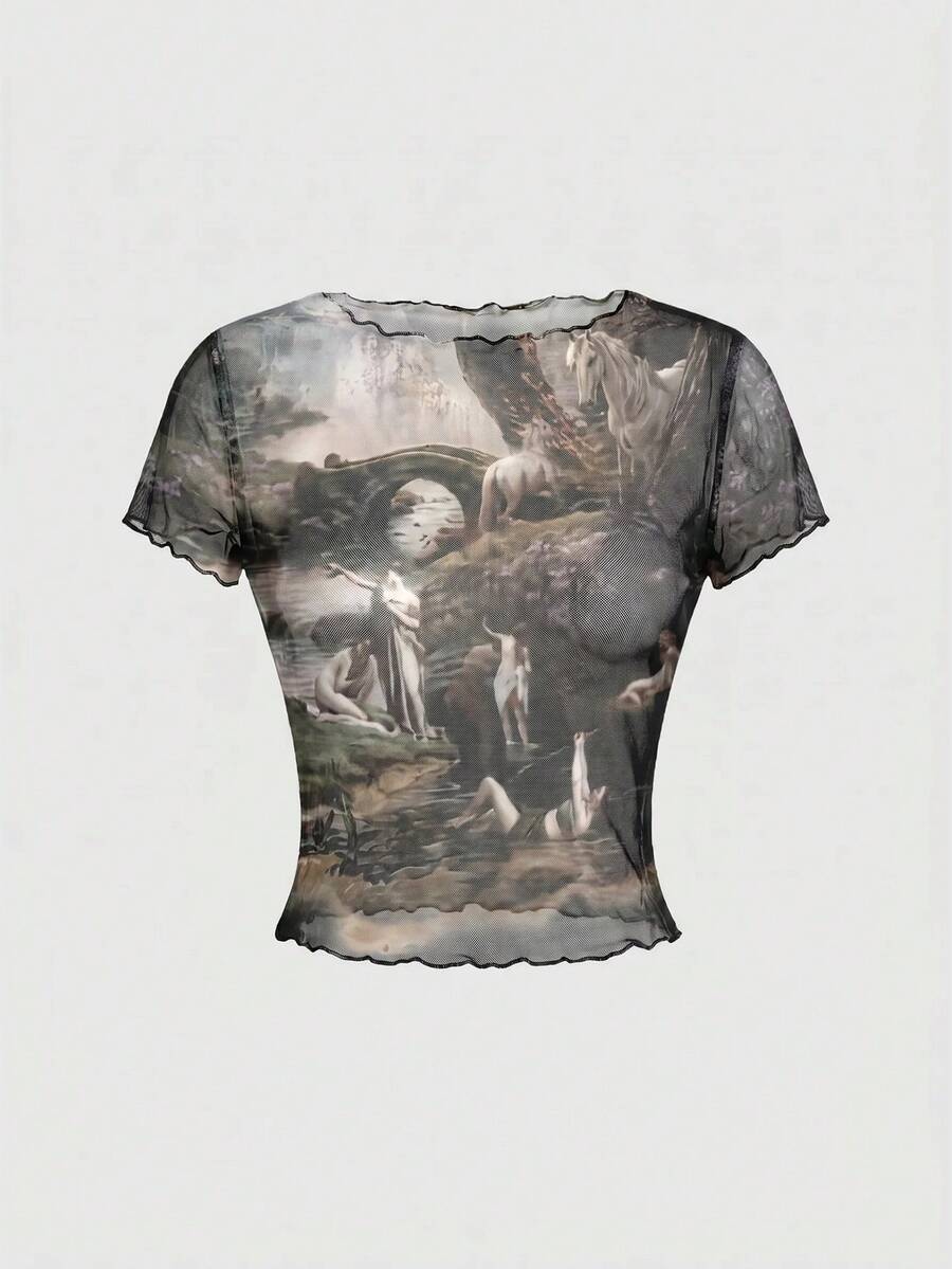 ROMWE Grunge Punk Blusa de mujer con estampado de figura vintage de estilo cortesano - Negro - Ver 1
