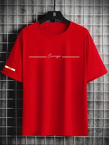 Manfinity Homme Camiseta de manga corta con cuello redondo y estampado simple para hombre - Rojo - Ver 3