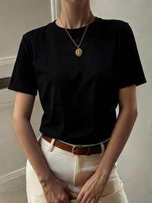 DAZY Women's Solid Color Round Neck Short Sleeve T-Shirt, Minimalist And Versatile For Summer - Black - View 3