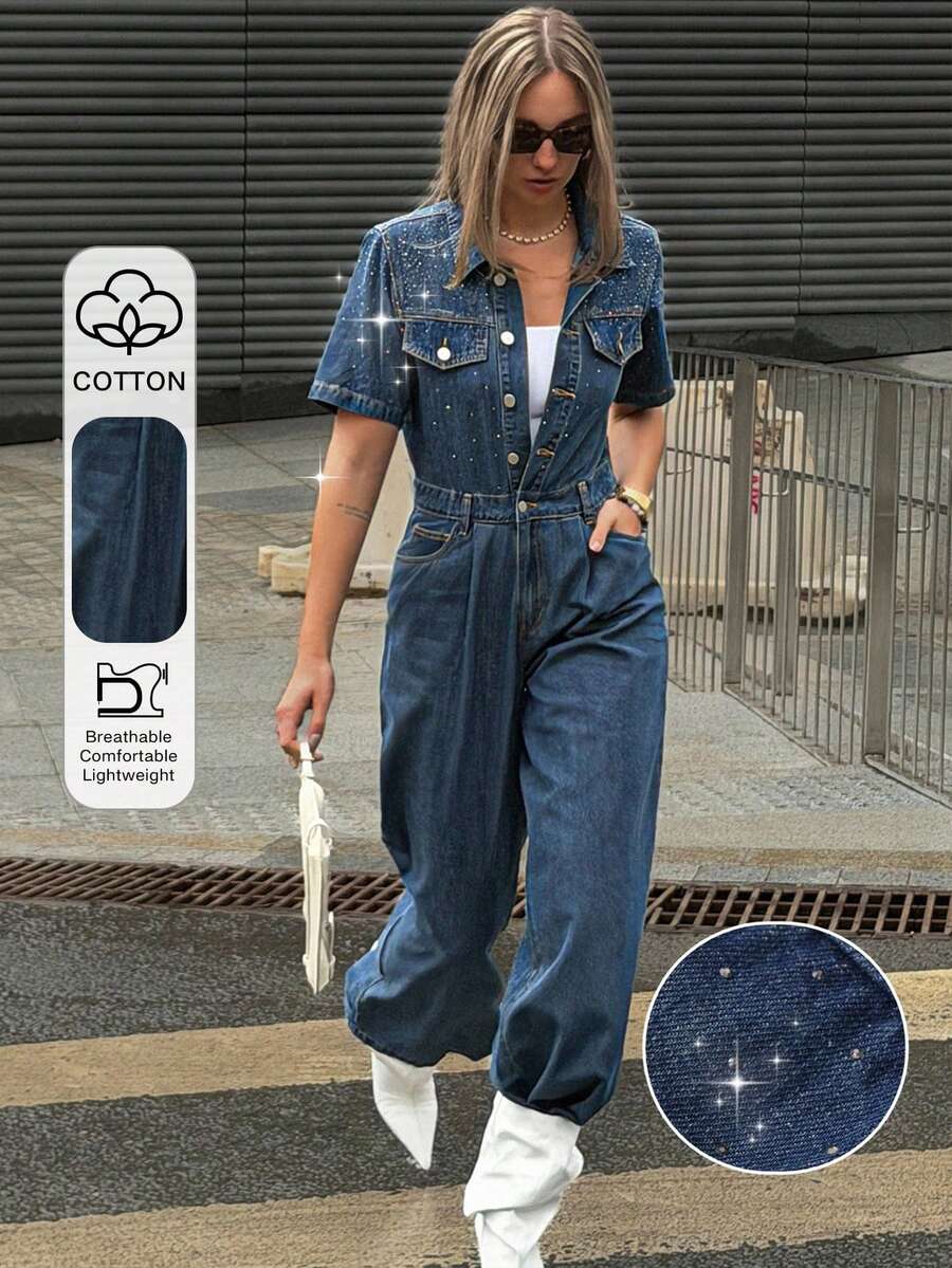 Livesso Spring Summer Vintage Washed Navy Blue Music Festival Casual Vacation Straight Leg Denim Jeans Long Pants Street Outdoor Travel Women's Denim Jumpsuit - Dark Wash - View 1