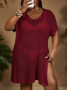 SHEIN CURVE+ 夏季海灘大尺碼蝙蝠袖開衩大腿罩衫洋裝，不含比基尼套裝，Curve Plus - 酒紅色 - 查看 1