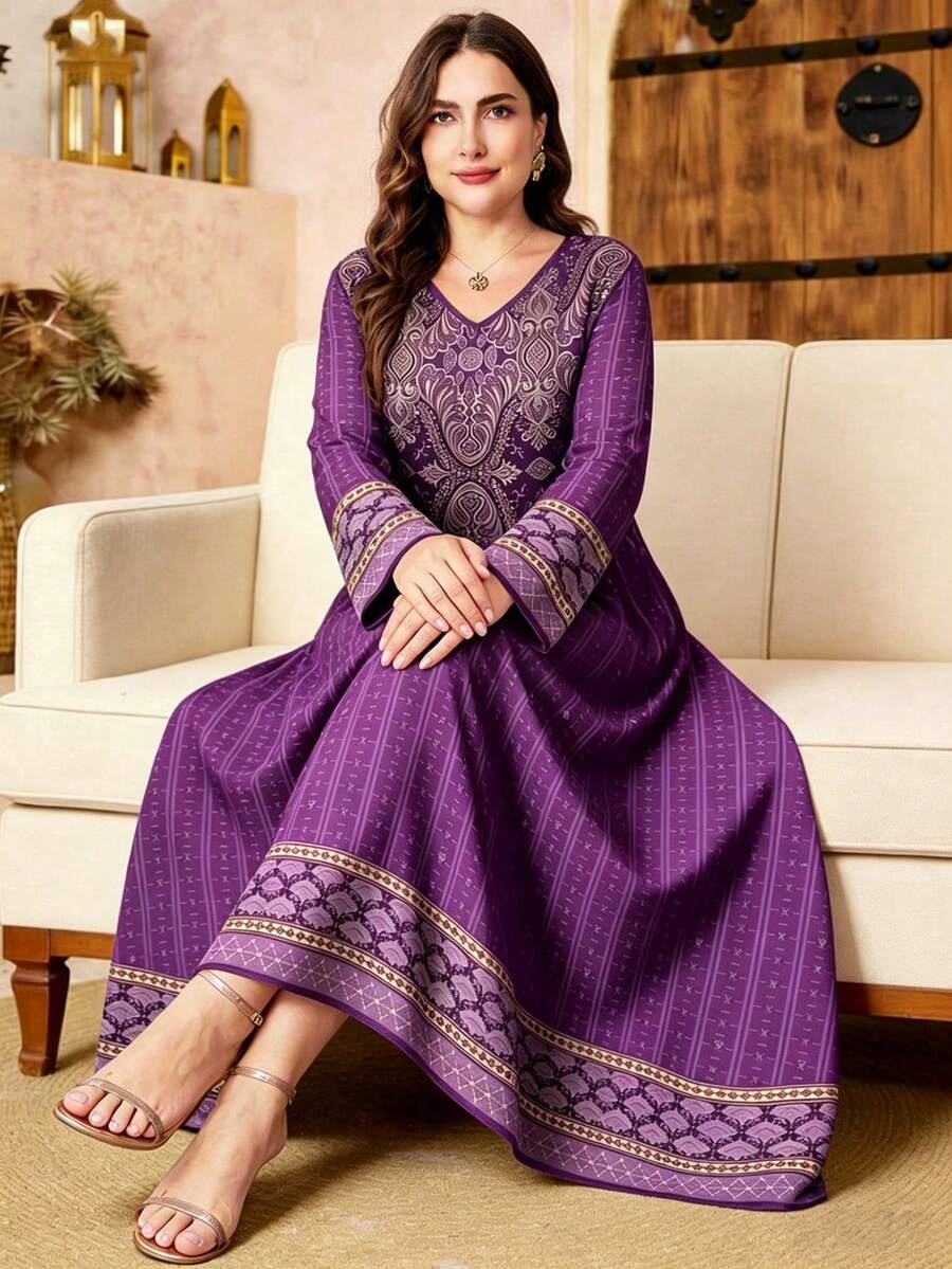SHEIN Najma 女款大尺碼復古大馬士革圖案數位印花紫色時尚V領長袖春季優雅阿拉伯風洋裝 - 彩色 - 查看 1