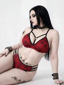 ROMWE Goth 大尺碼女款 2 件式隨機蜘蛛網印花時尚度假日常極簡休閒深 V 領性感高腰三角褲收腹顯瘦哥德風分體比基尼套裝 - 紅色 - 查看 5