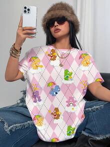 SHEIN X Care Bears Plus Size Women's Cartoon Print Round Neck Short Sleeve Casual T-Shirt - White - View 7