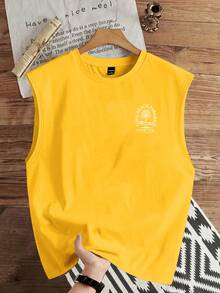 Manfinity Joysei Yellow Letter & Palm Tree Print Men's Tank Top - Yellow - View 2