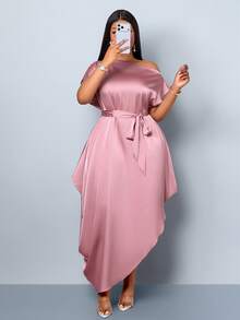 SOLERSUN Plus Size Women's Summer Blush Pink Elegant Formal Long Dress,Satin Slant Off Shoulder Cocoon Asymmetric Pocket Loose Waist Belt Vacation Banquet - Pink - View 4