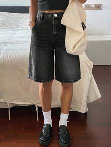SHEIN Teen Girls Blue Denim Loose Wide Leg Shorts - Black - View 4