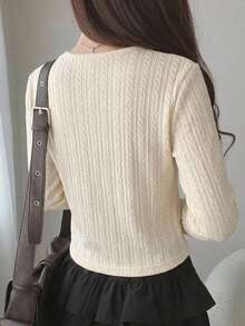 FRIFUL 女款圓領休閒寬鬆波點鈕扣開襟長袖T恤，夏季款 - 杏色 - 查看 6