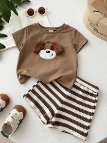 LMoss Kids Baby Boy Knit Solid Color Cute Puppy Pattern T-Shirt And Striped Shorts 2-Piece Set - Brown - View 8