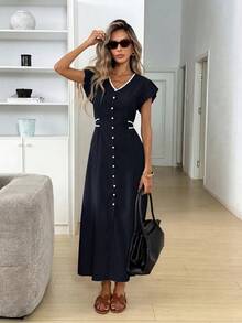 Easowa V-Neck Contrast Trim Decorative Button Flutter Sleeve Ruffle Ruched Bow Front High Slit A-Line Umbrella Sun Dress Casual Relaxed Elegant Commuter Old Money Style Vacation Spring Summer Women's Long Dress - Navy Blue - View 3