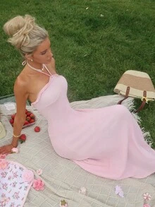 Sydney Algeri Women's Elegant Solid Color Maxi Cami Dress Pink Summer - Pink - View 6