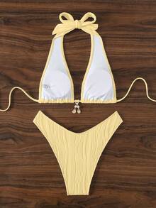 Swim SXY Conjunto de bikini de dos piezas para mujer, unicolor, cuello halter con lazo, sexy y de moda para playa en verano - amarillo ganso - Ver 4