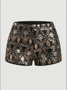 Glamine Women's Sexy Y2K Black Gold Sequin Shorts Gitter Embroidered HighWaist Bodycon Hot Pants, Soft Lined Party Clubwear Rave Beach Summer Festival Night - Black - View 3