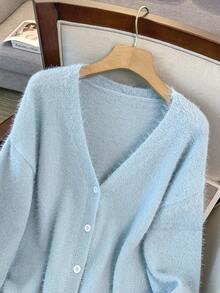GlowEve CURVE Plus Size Casual V-Neck Long Sleeve Cardigan - Blue - View 4