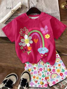 Young Girl Casual Minimalist Cute Childlike Floral Face, Rainbow, Insect, Butterfly Print Short Sleeve And Shorts 2-Piece Set, Suitable For Summer, Cozy Spring And Summer Styles - Multicolor - View 2