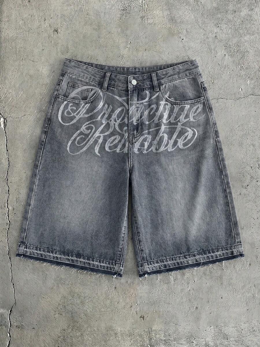 AXEPEAK Men's Washed Denim Shorts With Embroidered Design, Fashionable