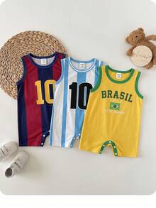 Unisex Newborn Baby Boy/Girl 3pcs Spring/Summer Casual World Cup Pattern Sleeveless Romper Shorts Multi-Piece Set, Baby Rompers, Outfits, Baby Summer Clothes - White - View 4