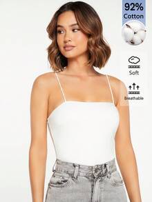 SHEIN BASICS 女款素色修身休閒百搭細肩帶背心上衣 - 白色 - 查看 4